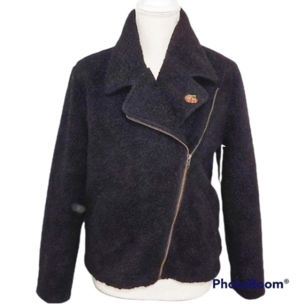 OBEY No89 Trendy Soft black diagonal zipper artic sherpa fleece moto jacket